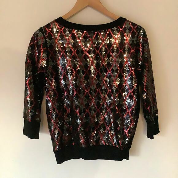 Express Womens Multicolor Argyle Pattern Shimmery Sequined Crewneck Top Sz Small - Picture 2 of 8